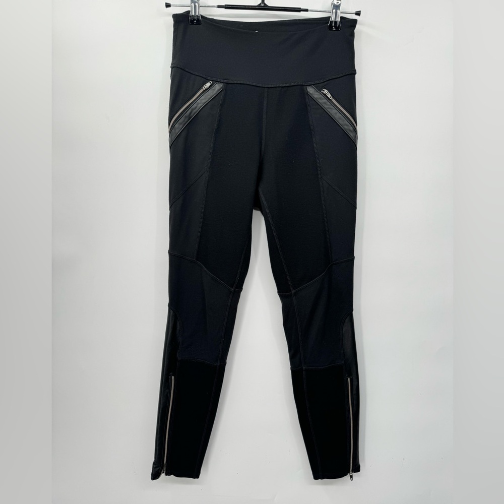 Athleta Small Moto Leggings Womens Black Faux Leather Trim‎ Zipper High Rise